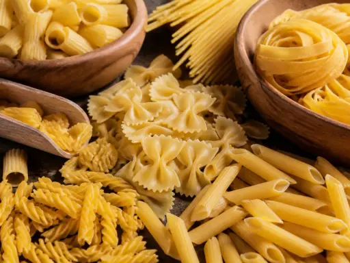 Assortiment de pâtes italiennes : fusilli, farfalle, penne, rigatoni et spaghetti, évoquant la qualité de la farine pour pâtes italiennes.