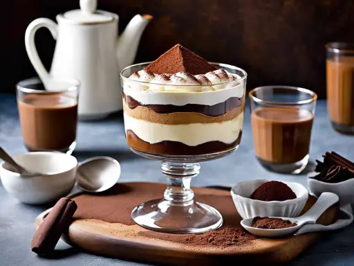 Un délicieux tiramisu en verrine, garni de cacao. Le biscuit pour tiramisu est trempé dans le café, créant des couches gourmandes.