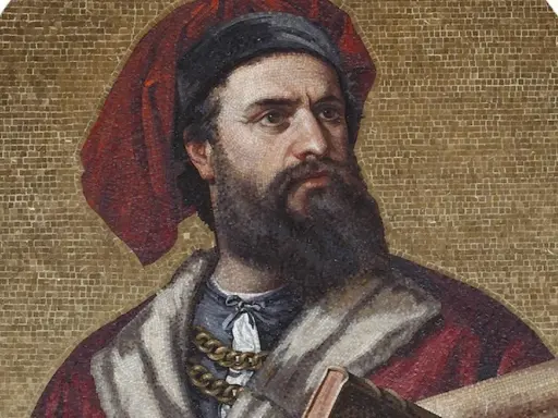 Mosaïque de Marco Polo, explorateur légendaire qui aurait rapporté les pâtes en Italie.