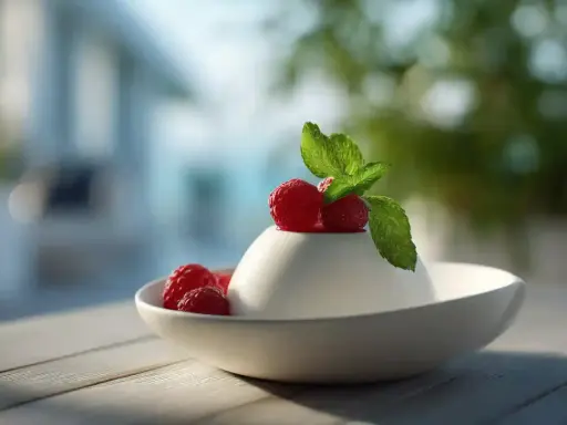 Délicieuse panna cotta blanche, garnie de framboises fraîches et d'une feuille de menthe, sur une table en bois.