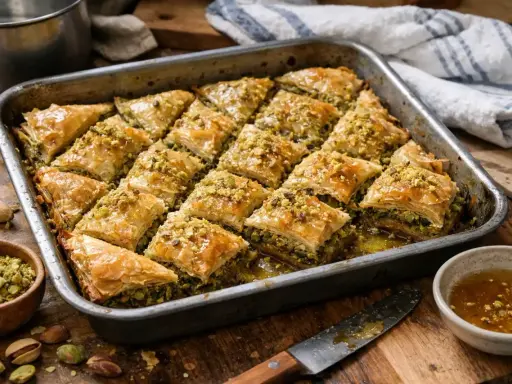 Un plateau de baklava maison, doré et croustillant, garni de pistaches concassées. Une délicieuse recette de baklava à partager.