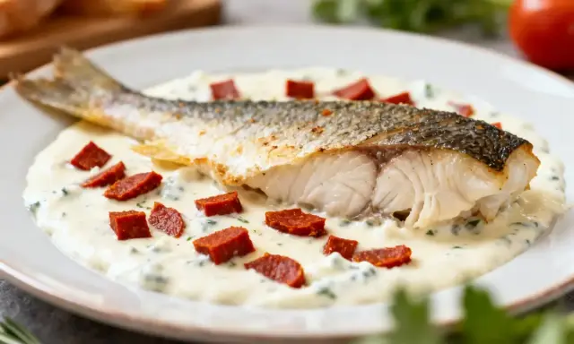 Dos de cabillaud nacré, sauce crémeuse, dés de chorizo et herbes sur une assiette blanche.