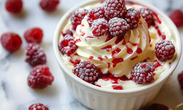 Un déliceux mousse mascarpone garni de framboises fraîches et d'un coulis rouge.