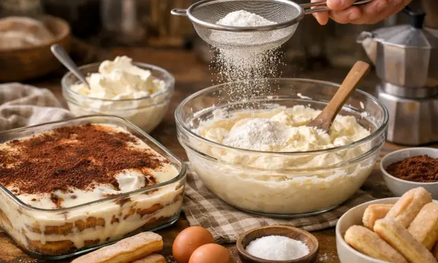 Préparation d'un tiramisu : on tamise de la farine sur un mascarpone trop liquide. Des biscuits à la cuillère, des œufs et du cacao sont disposés autour.