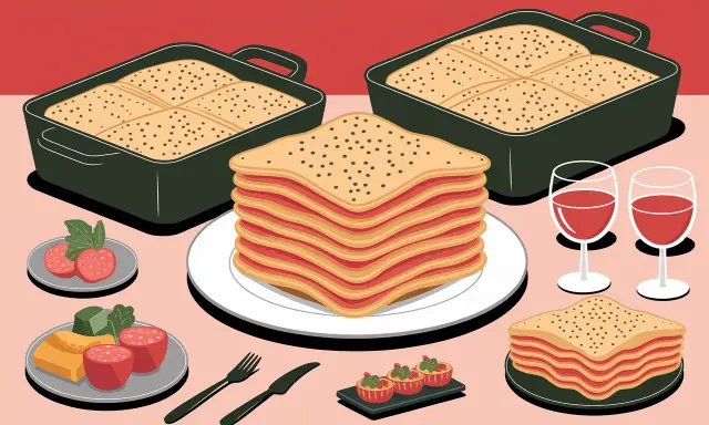Que faire avec 4 feuilles de lasagne ? Une pile de lasagnes appétissantes, deux plats au four, des amuse-bouches et du vin rouge.
