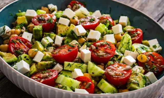 Salade colorée avec tomates, avocat, concombre, pois chiches et cubes de feta. Une recette fraîche et légère, parfaite pour un repas d'été.
