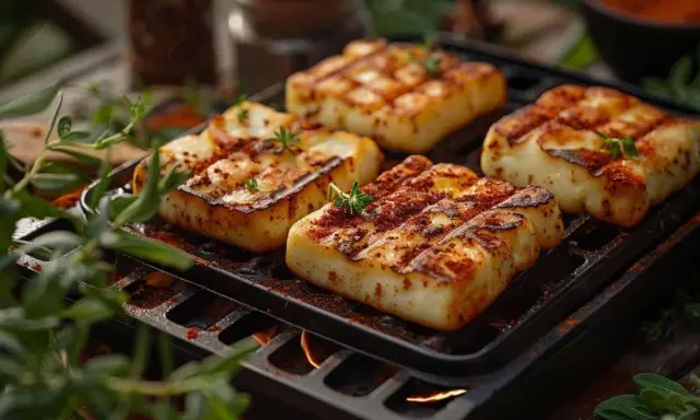 Halloumi grillé, parsemé d'épices, sur une grille avec des flammes en dessous. Un délice croustillant, parfait pour l'air fryer.