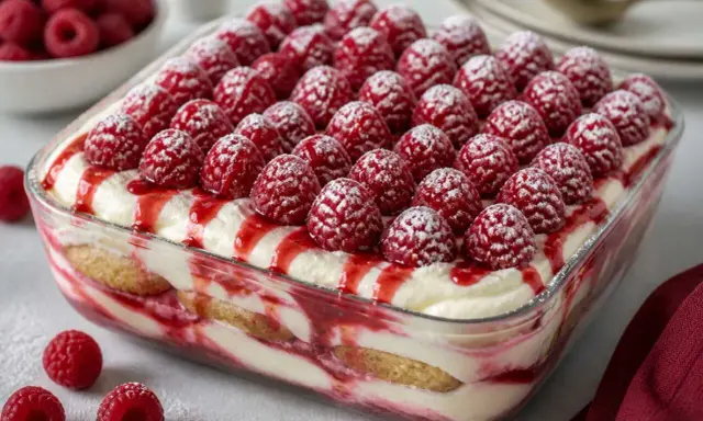 Un délicieux tiramisu framboise, garni de fruits rouges frais et saupoudré de sucre glace. Un dessert fruité et gourmand.