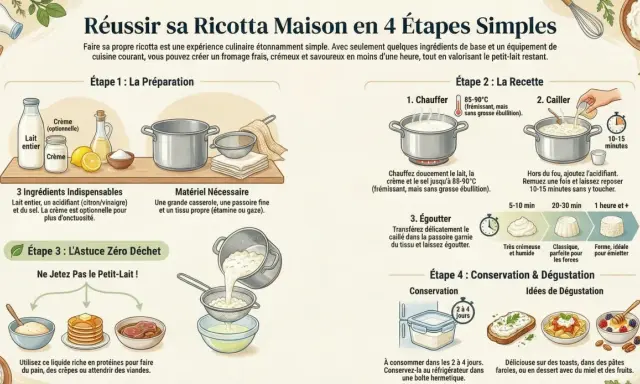 Recette ricotta maison : lait, citron, sel. Chauffer, cailler, égoutter. Conserver 2-4 jours. Déguster sur toasts, pâtes, dessert.