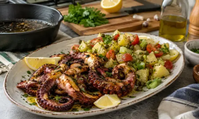 Délicieux poulpe au barbecue, grillé à la perfection, servi avec une salade de pommes de terre, tomates et câpres. Un vrai régal !