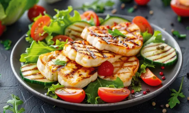 Assiette de halloumi grillé, tomates cerises, concombre et salade verte. Un délice estival.