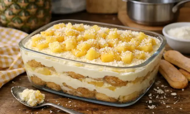Un délicieux tiramisu ananas, superposant biscuits, crème onctueuse et morceaux d'ananas frais, saupoudré de noix de coco râpée.
