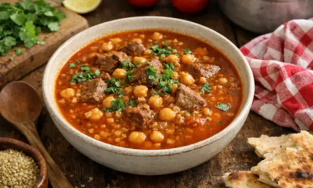 Un bol de chorba frik recette, une soupe réconfortante aux morceaux de viande, pois chiches et herbes fraîches, accompagnée de pain.