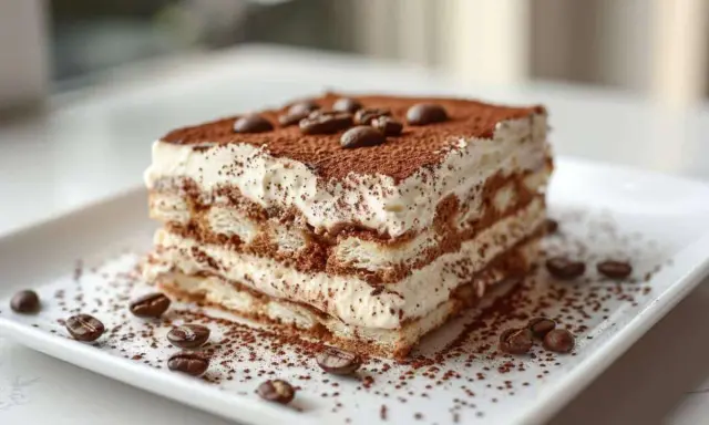 Un tiramisu inratable, crémeux et aérien, saupoudré de cacao et décoré de grains de café. Un délice pour les yeux et les papilles.