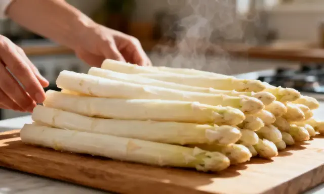 Une pile d'asperges blanches poêlées dégage de la vapeur sur une planche à découper en bois. Des mains ajustent délicatement les légumes.