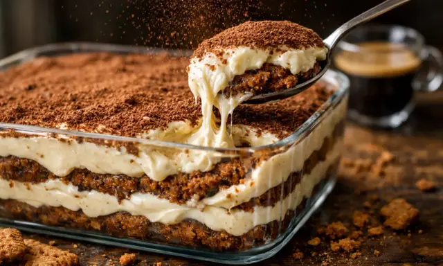 Une cuillère de tiramisu crémeux, saupoudré de cacao, sort d'un plat en verre. Des biscuits tiramisu sont à côté.