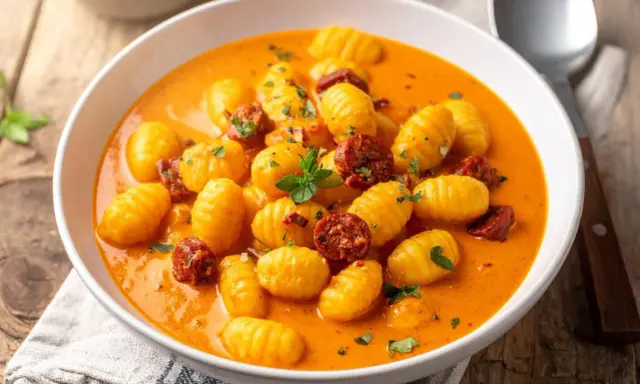 Gnocchi crémeux baignant dans une sauce onctueuse, parsemés de morceaux savoureux de chorizo et d'herbes fraîches. Un délice réconfortant.