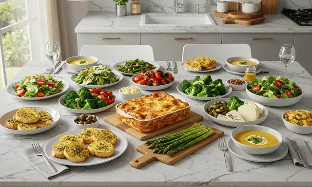 Un festin italien avec une lasagne dorée, des salades fraîches, des légumes croquants et des toasts à l'ail. Un accompagnement lasagne parfait pour un repas convivial.