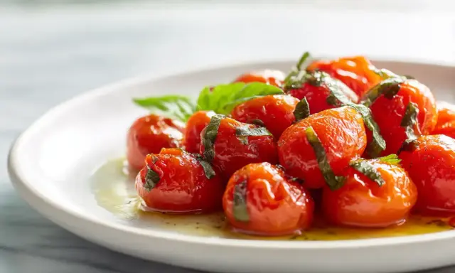 Tomates cerises confites, une recette simple et savoureuse, garnies de basilic frais sur une assiette blanche.