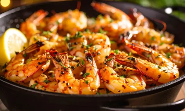 Gambas poêlées, dorées et savoureuses, prêtes à être dégustées. Une recette simple et rapide pour un plat plein de saveurs.