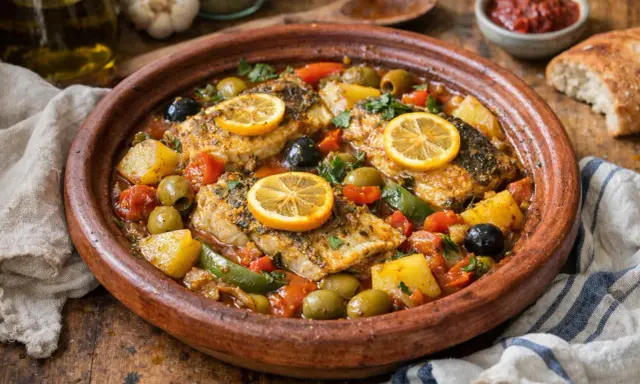 Un savoureux tajine de poisson aux olives, tomates, pommes de terre et rondelles de citron, garni de persil frais.