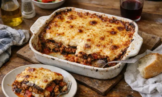Un plat de moussaka gratinée, prêt à être dégusté. Une portion est servie sur une assiette, accompagnée de pain et d'une salade.