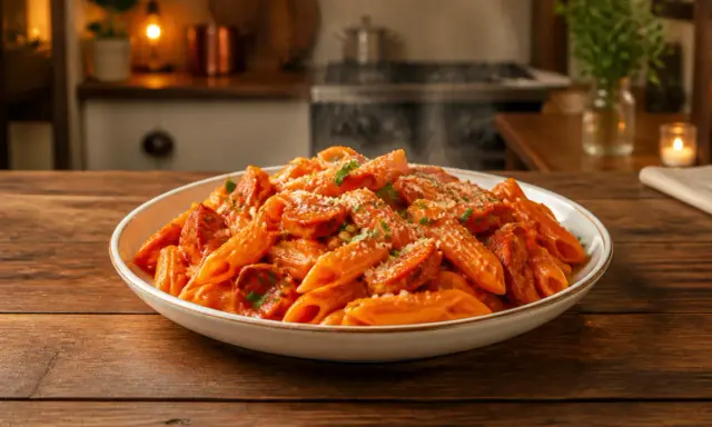 Un plat fumant de pâtes penne avec une sauce crémeuse et des rondelles de chorizo épicé, saupoudré de persil frais et de parmesan. Un délice de pâtes au chorizo.