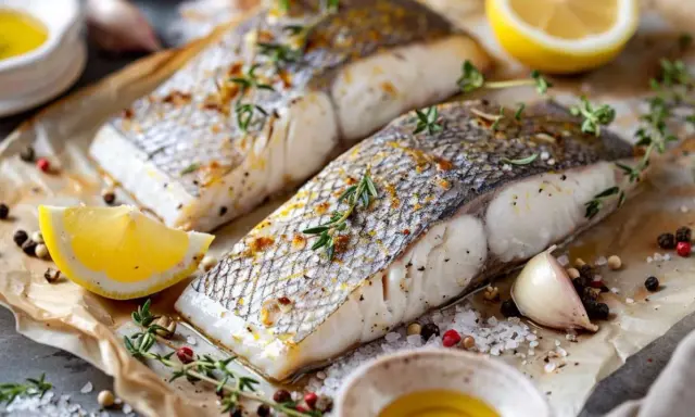 Deux filets de loup de mer cuits, parsemés d'herbes et de poivre, avec des quartiers de citron, de l'ail et de l'huile d'olive.