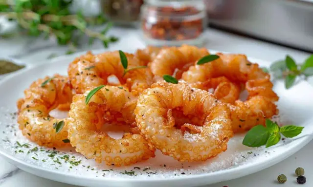 Anneaux d'encornet croustillants, dorés à la perfection. La cuisson encornet réussie pour un délice croquant, garni d'herbes fraîches.