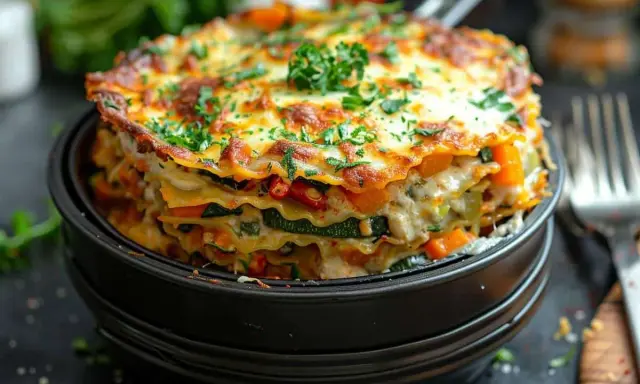 Lasagne diététique aux légumes colorés, gratinée et garnie de persil frais. Un plat savoureux et léger.