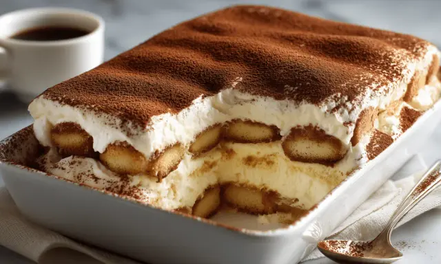 Un délicieux tiramisu sans alcool, crémeux et généreusement saupoudré de cacao, prêt à être dégusté avec une tasse de café.