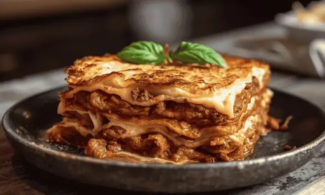 Une part de lasagne à la béchamel, garnie de feuilles de basilic, prête à être dégustée.
