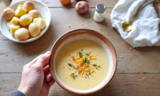 Bol de soupe crémeuse, garnie de fromage râpé et d'herbes. Une main tient le bol, à côté de pommes de terre et d'oignons. Le liquide de cuisson des pois chiches a servi de base.