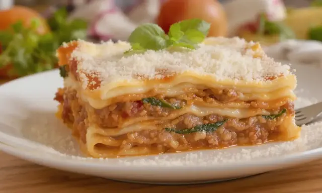 Une part généreuse de lasagne sans béchamel, avec sa garniture savoureuse et sa touche de crème fraîche, est saupoudrée de parmesan et décorée de basilic frais.