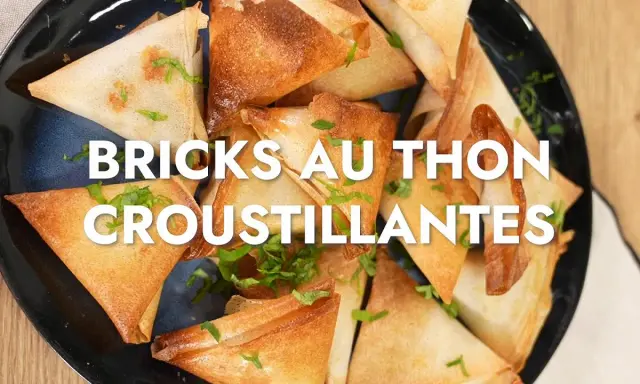 Une assiette de bricks au thon dorées et croustillantes, garnies de persil frais. Parfait pour un apéritif savoureux.