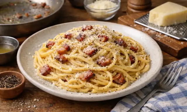 Un plat de spaghetti carbonara, garni de lardons croustillants et de parmesan râpé. Une recette italienne authentique.
