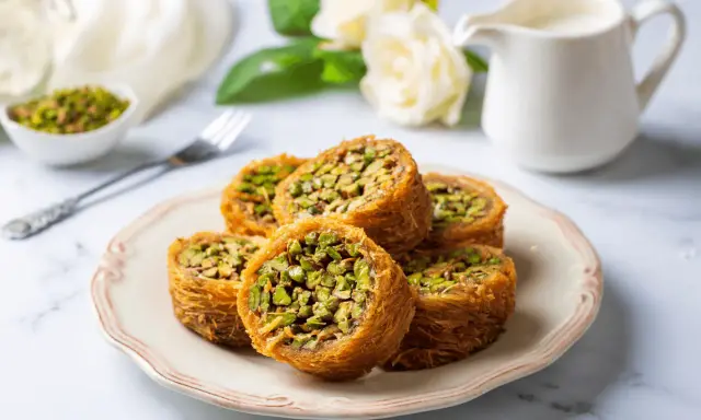 Des rouleaux dorés de kadaif, c'est quoi ? Une pâtisserie croustillante aux pistaches, servie sur une assiette avec des roses en arrière-plan.