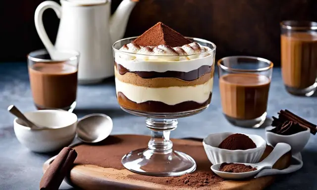 Un délicieux tiramisu en verrine, garni de cacao. Le biscuit pour tiramisu est trempé dans le café, créant des couches gourmandes.