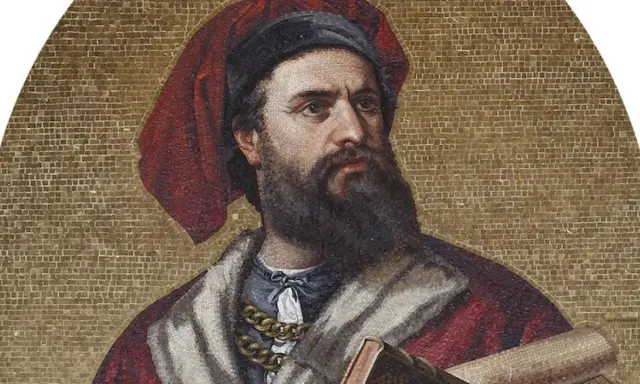Mosaïque de Marco Polo, explorateur légendaire qui aurait rapporté les pâtes en Italie.