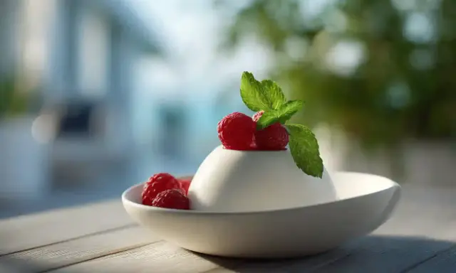 Délicieuse panna cotta blanche, garnie de framboises fraîches et d'une feuille de menthe, sur une table en bois.