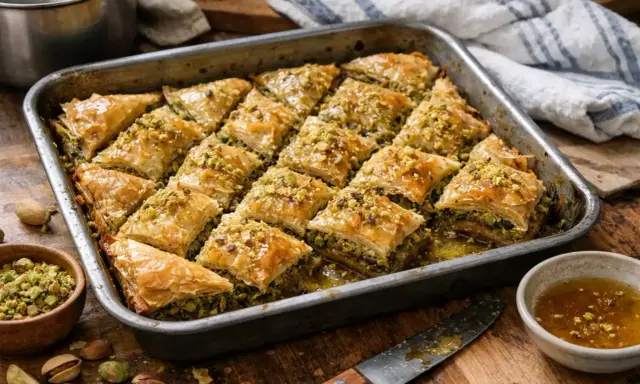 Un plateau de baklava maison, doré et croustillant, garni de pistaches concassées. Une délicieuse recette de baklava à partager.