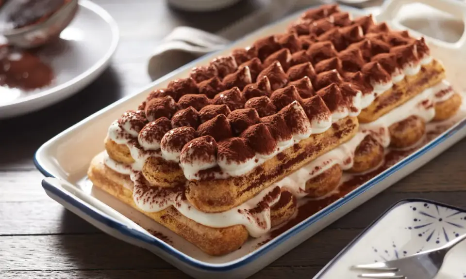 Un délicieux tiramisu, un dessert italien parfait pour un boudoir gourmand, est présenté dans un plat rectangulaire, saupoudré de cacao.