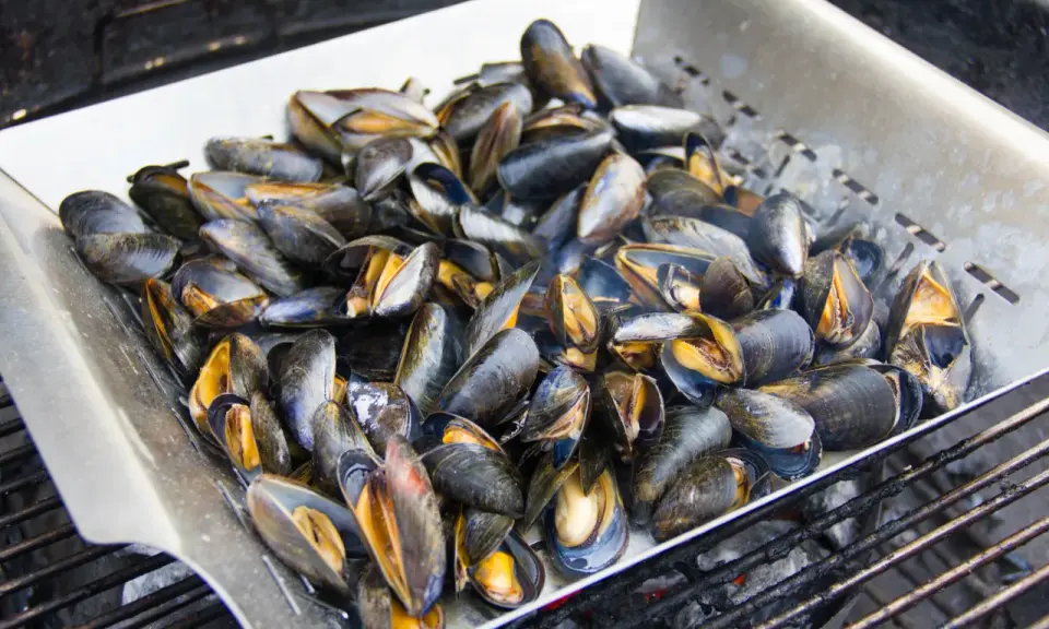 Un plateau de moules au barbecue, prêtes à être dégustées. Les coquilles sombres et orangées s'entrouvrent sous l'effet de la chaleur.