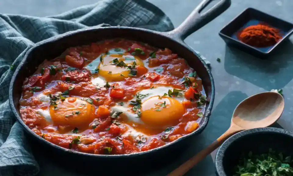 Poêle de shakshuka, un plat savoureux avec des œufs pochés dans une sauce tomate épicée, parfait pour une recette facile.