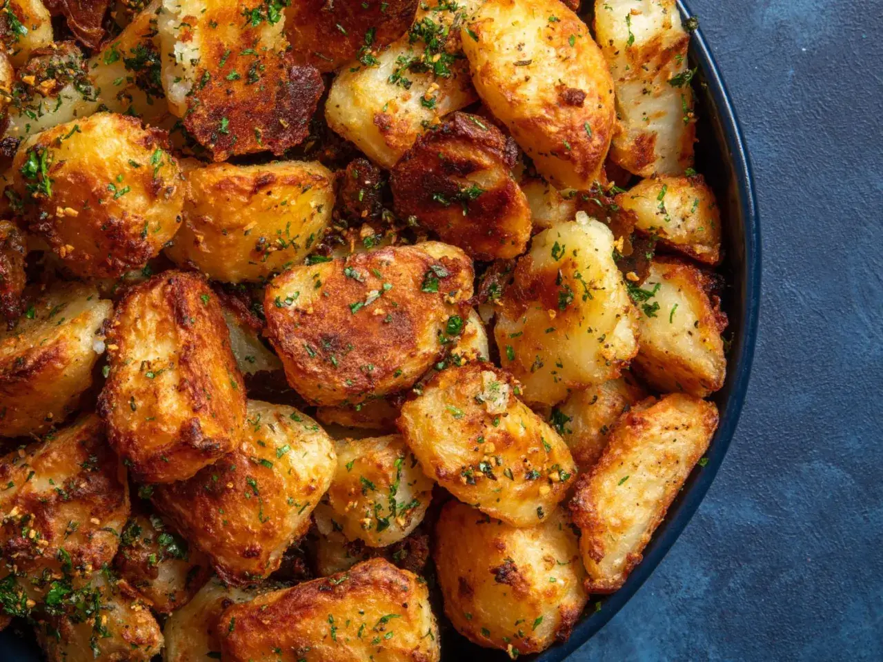 Un plat de pomme de terre au four, dorées et croustillantes, parsemées de persil frais. Un délice simple et réconfortant.