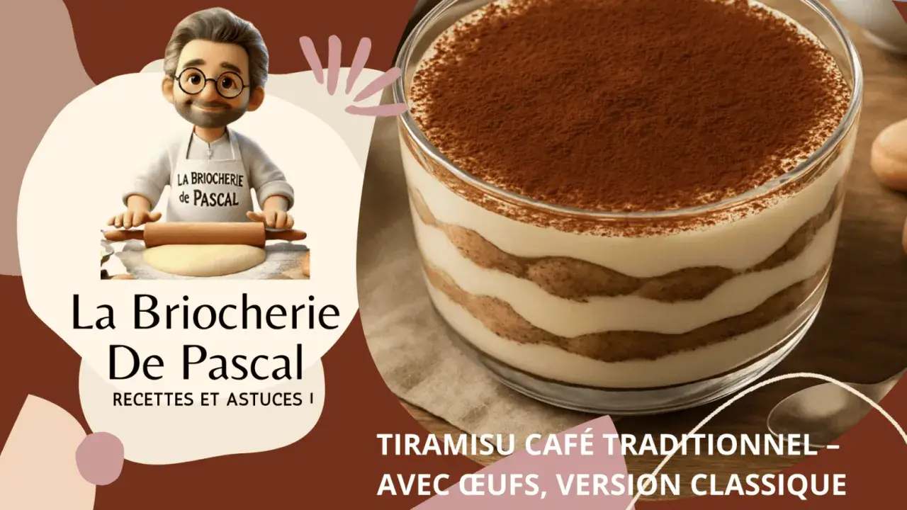 Un chef cartoon présente une recette tiramisu classique. Le dessert crémeux est saupoudré de cacao.