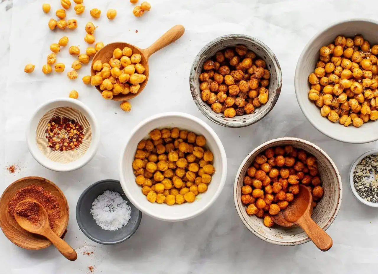 Plusieurs bols et une cuill&egrave;re en bois regorgent de pois chiche grill&eacute;, accompagn&eacute;s d'&eacute;pices et de sel.