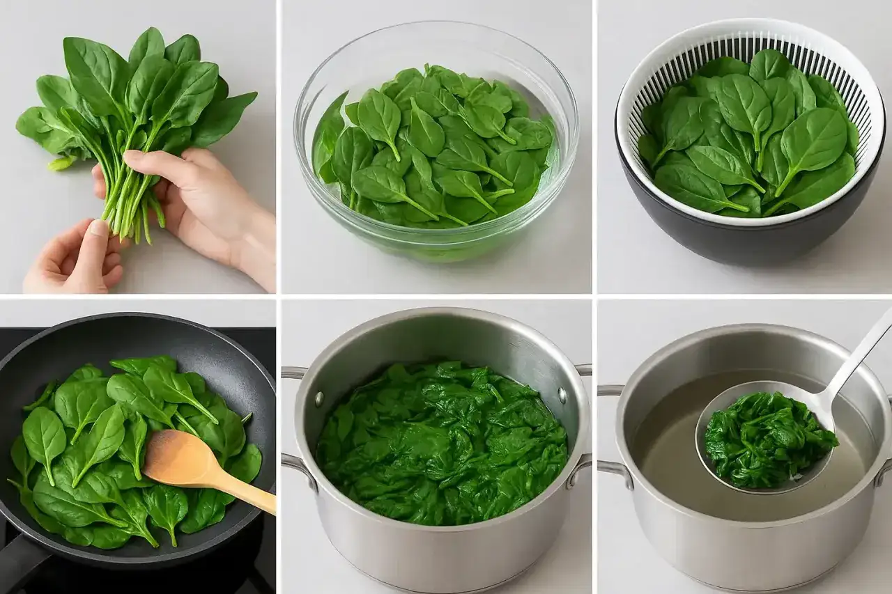 Étapes de cuisson d'épinards frais : lavage, égouttage, sautage à la poêle, puis cuisson à la casserole et refroidissement.