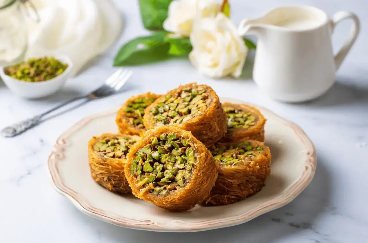 Des rouleaux de kadaif c'est quoi ? Ces d&eacute;licieux desserts orientaux, croustillants et garnis de pistaches, sont pr&ecirc;ts &agrave; &ecirc;tre d&eacute;gust&eacute;s.