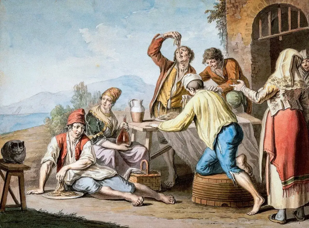Sc&egrave;ne anim&eacute;e o&ugrave; des gens mangent des p&acirc;tes. On se demande qui a invent&eacute; les p&acirc;tes en voyant ce festin !